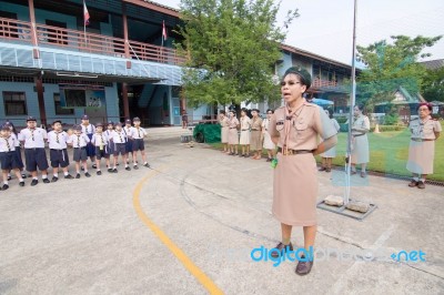 Student 9-10 Years Old, Scout Assembly, Scout Camp In Bangkok Thailand Stock Photo