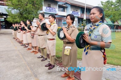 Student 9-10 Years Old, Scout Assembly, Scout Camp In Bangkok Thailand Stock Photo