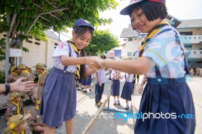 Student 9-10 Years Old, Scout In Adventure Activities, Scout Camp In Bangkok Thailand Stock Photo