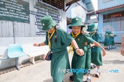 Student 9-10 Years Old, Scout In Adventure Activities, Scout Camp In Bangkok Thailand Stock Photo