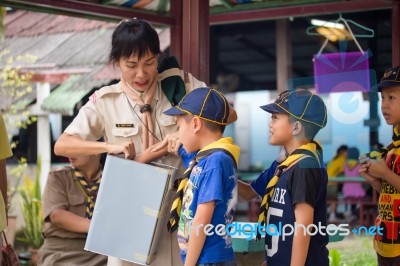 Student 9-10 Years Old, Scout In Adventure Activities, Scout Camp School Bangkok Thailand Stock Photo