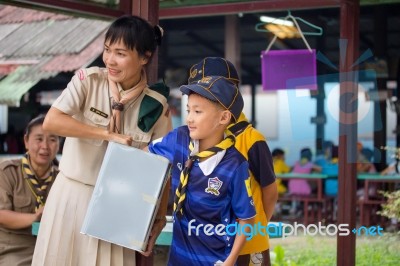 Student 9-10 Years Old, Scout In Adventure Activities, Scout Camp School Bangkok Thailand Stock Photo