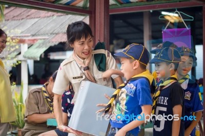 Student 9-10 Years Old, Scout In Adventure Activities, Scout Camp School Bangkok Thailand Stock Photo