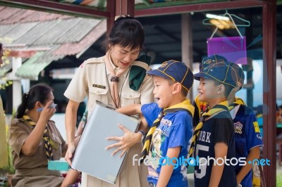 Student 9-10 Years Old, Scout In Adventure Activities, Scout Camp School Bangkok Thailand Stock Photo