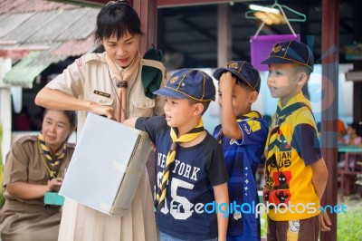 Student 9-10 Years Old, Scout In Adventure Activities, Scout Camp School Bangkok Thailand Stock Photo