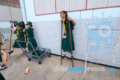 Student 9-10 Years Old, Scout In Adventure Activities, Scout Camp School Bangkok Thailand Stock Photo