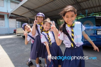 Student 9-10 Years Old, Scout In Adventure Activities, Scout Camp School Bangkok Thailand Stock Photo