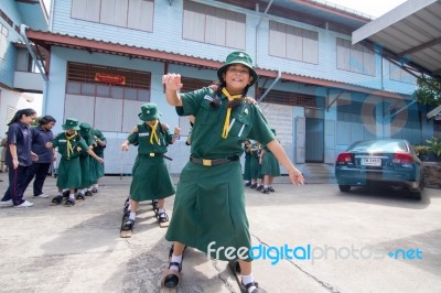 Student 9-10 Years Old, Scout In Adventure Activities, Scout Camp School Bangkok Thailand Stock Photo