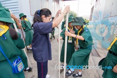 Student 9-10 Years Old, Scout In Adventure Activities, Scout Camp School Bangkok Thailand Stock Photo