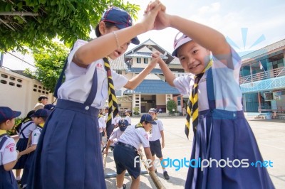 Student 9-10 Years Old, Scout In Adventure Activities, Scout Camp School Bangkok Thailand Stock Photo