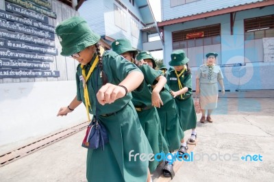 Student 9-10 Years Old, Scout In Adventure Activities, Scout Camp School Bangkok Thailand Stock Photo