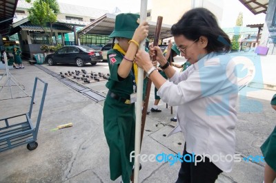 Student 9-10 Years Old, Scout In Adventure Activities, Scout Camp School Bangkok Thailand Stock Photo