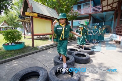 Student 9-10 Years Old, Scout In Adventure Activities, Scout Camp School Bangkok Thailand Stock Photo