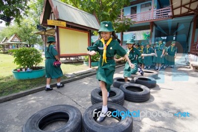 Student 9-10 Years Old, Scout In Adventure Activities, Scout Camp School Bangkok Thailand Stock Photo