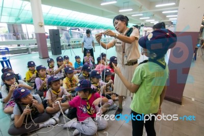 Student 9-10 Years Old, Scout Learn Usage Rope, Scout Camp Bangkok Thailand Stock Photo