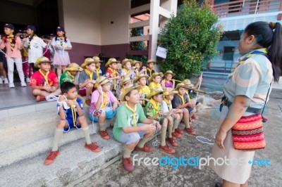 Student 9-10 Years Old, Scout Learn Usage Rope, Scout Camp Bangkok Thailand Stock Photo