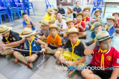 Student 9-10 Years Old, Scout Learn Usage Rope, Scout Camp Bangkok Thailand Stock Photo