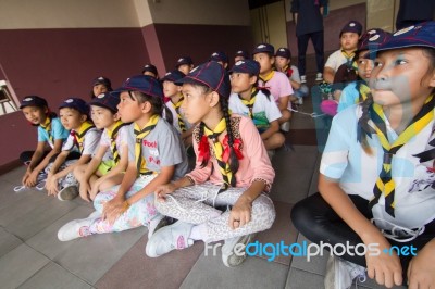 Student 9-10 Years Old, Scout Learn Usage Rope, Scout Camp Bangkok Thailand Stock Photo