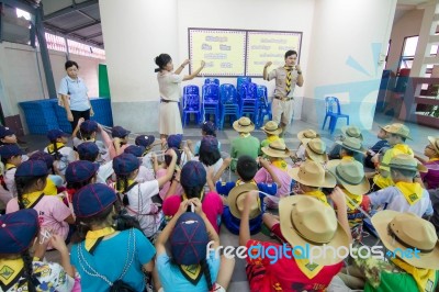 Student 9-10 Years Old, Scout Learn Usage Rope, Scout Camp Bangkok Thailand Stock Photo