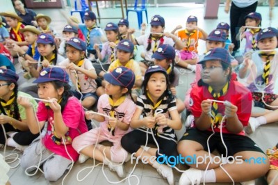 Student 9-10 Years Old, Scout Learn Usage Rope, Scout Camp Bangkok Thailand Stock Photo