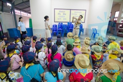 Student 9-10 Years Old, Scout Learn Usage Rope, Scout Camp Bangkok Thailand Stock Photo