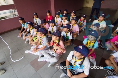 Student 9-10 Years Old, Scout Learn Usage Rope, Scout Camp Bangkok Thailand Stock Photo