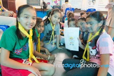 Student 9-10 Years Old, Scouts Work Together, Scout Camp In Bangkok Thailand Stock Photo