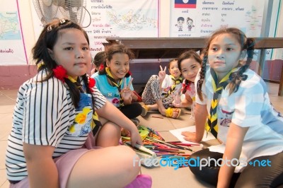 Student 9-10 Years Old, Scouts Work Together, Scout Camp In Bangkok Thailand Stock Photo