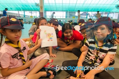 Student 9-10 Years Old, Scouts Work Together, Scout Camp In Bangkok Thailand Stock Photo