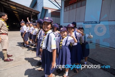 Student 9-10 Years Old, Scouts Work Together, Scout Camp In Pieamsuwan School Bangkok Thailand Stock Photo