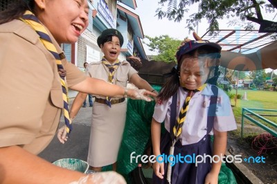 Student 9-10 Years Old, Welcome To Boy Scout Camp In Bangkok Thailand Stock Photo