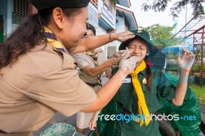 Student 9-10 Years Old, Welcome To Boy Scout Camp In Bangkok Thailand Stock Photo