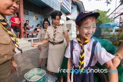 Student 9-10 Years Old, Welcome To Boy Scout Camp In Bangkok Thailand Stock Photo