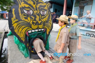 Student 9-10 Years Old, Welcome To Boy Scout Camp In Bangkok Thailand Stock Photo