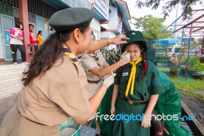 Student 9-10 Years Old, Welcome To Boy Scout Camp In Bangkok Thailand Stock Photo