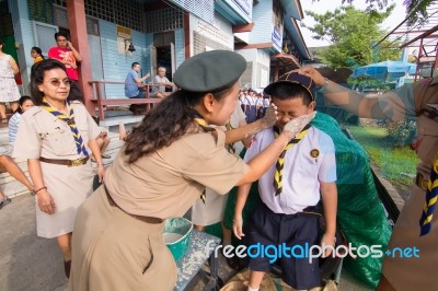 Student 9-10 Years Old, Welcome To Boy Scout Camp In Bangkok Thailand Stock Photo