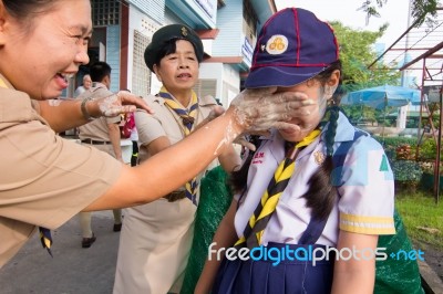 Student 9-10 Years Old, Welcome To Boy Scout Camp In Bangkok Thailand Stock Photo