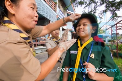 Student 9-10 Years Old, Welcome To Boy Scout Camp In Bangkok Thailand Stock Photo