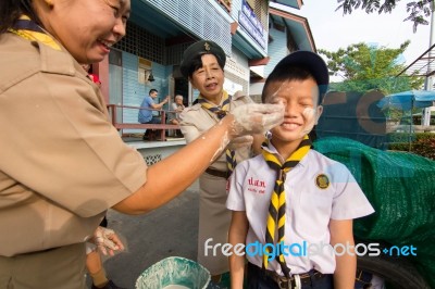 Student 9-10 Years Old, Welcome To Boy Scout Camp In Bangkok Thailand Stock Photo