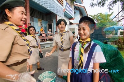 Student 9-10 Years Old, Welcome To Boy Scout Camp In Bangkok Thailand Stock Photo