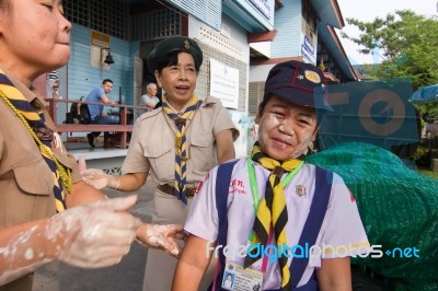 Student 9-10 Years Old, Welcome To Boy Scout Camp In Bangkok Thailand Stock Photo