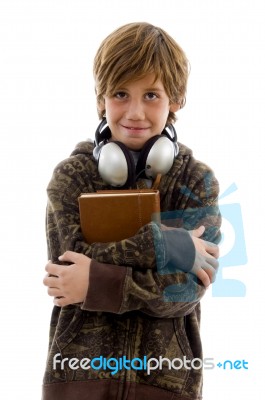 Student With Books And Headset Stock Photo