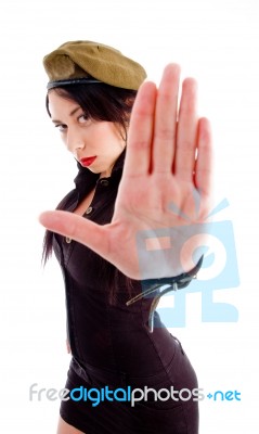 Stylish Pose Of Young Model With Stopping Gesture Stock Photo