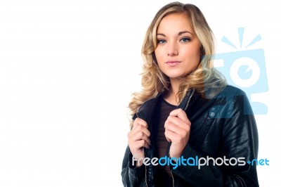 Stylish Young Female In Leather Jacket Stock Photo