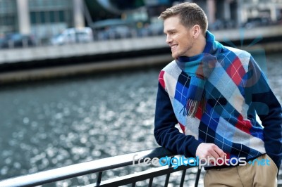 Stylish Young Man Watching The River Stock Photo