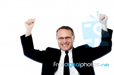 Successful Businessman Raising His Arms Stock Photo