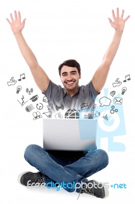 Successful Smiling Man With Laptop Stock Photo