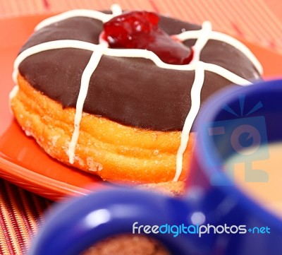 Sugary Donut With Coffee Stock Photo