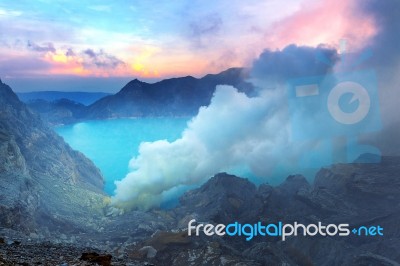 Sulfur Fumes From The Crater Of Kawah Ijen Volcano In Indonesia Stock Photo