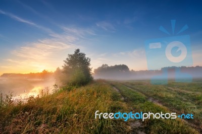 Summer Misty Sunrise On The River. Foggy River In The Morning. S… Stock Photo